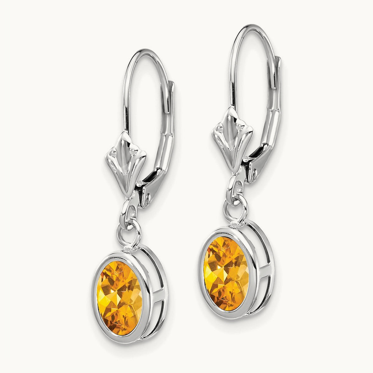Citrine Oval Leverback Earrings, 14K White Gold