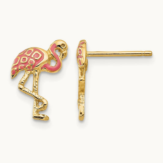 Enameled Flamingo Post Earrings — 14K Yellow Gold