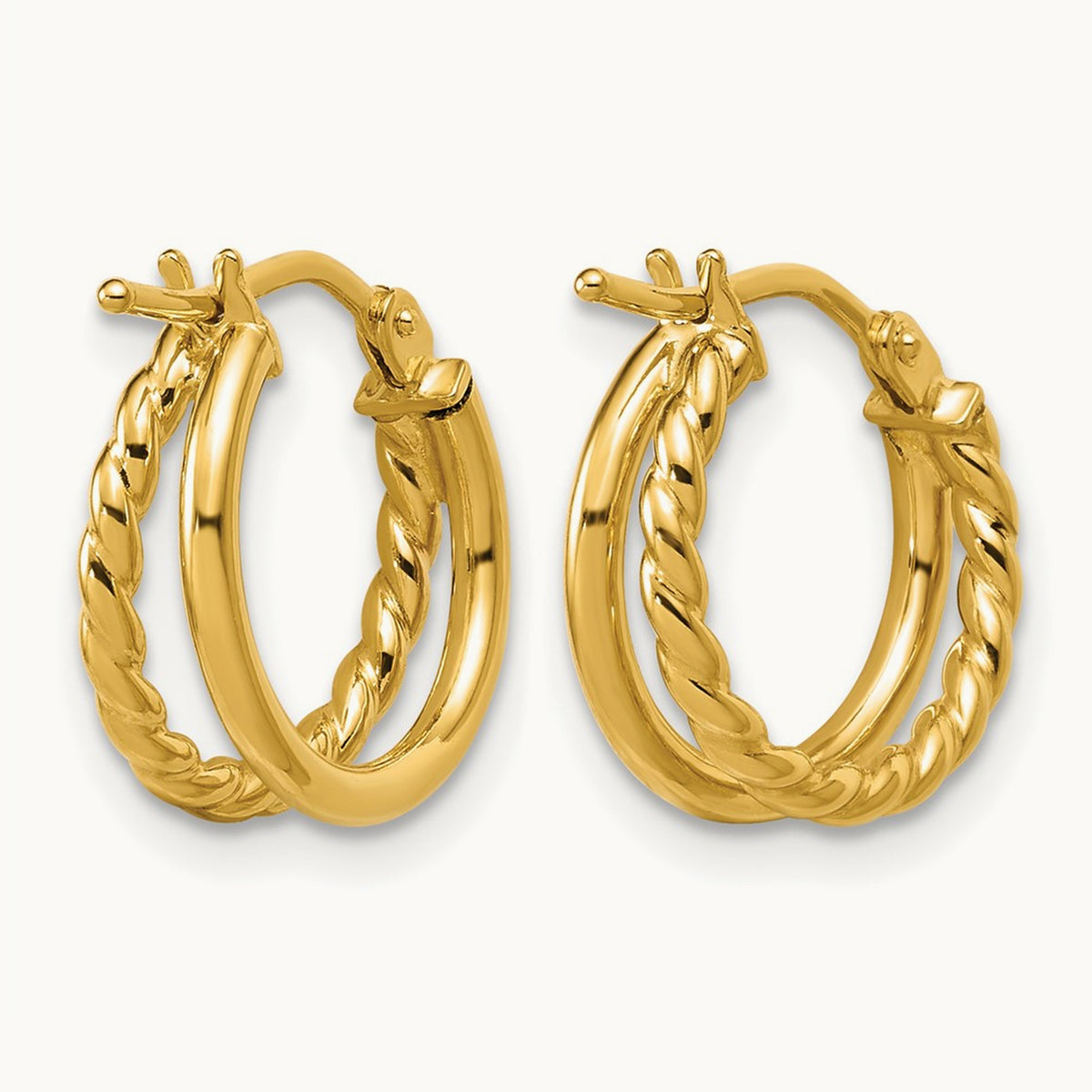 Polished and Twisted 2-row J-Hoop Earrings — 14K Yellow Gold