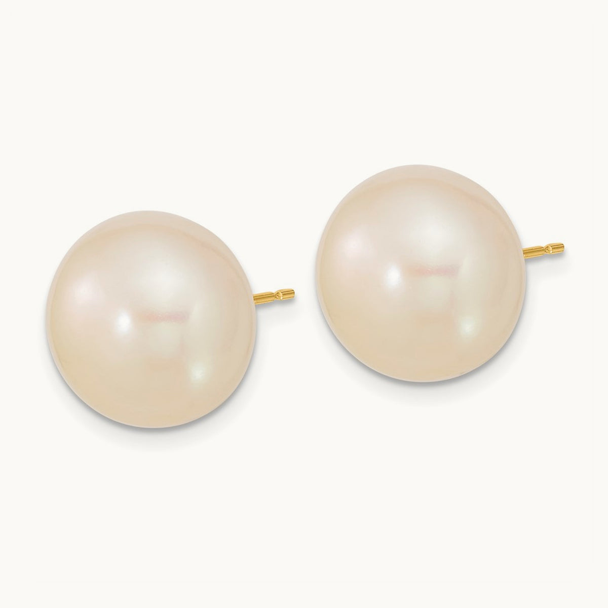 13- White Button Freshwater Cultured Pearl Post Earrings, 14mm, 14K