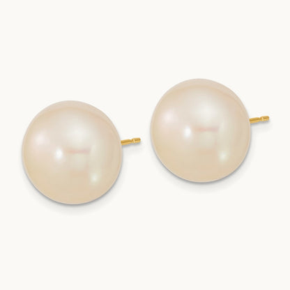 13- White Button Freshwater Cultured Pearl Post Earrings, 14mm, 14K