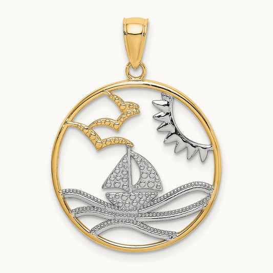 w/Rhodium Sun Sailboat Water Seagulls Circle Charm, 14K