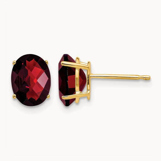 8x6mm Oval Garnet Checker Earrings, 14K