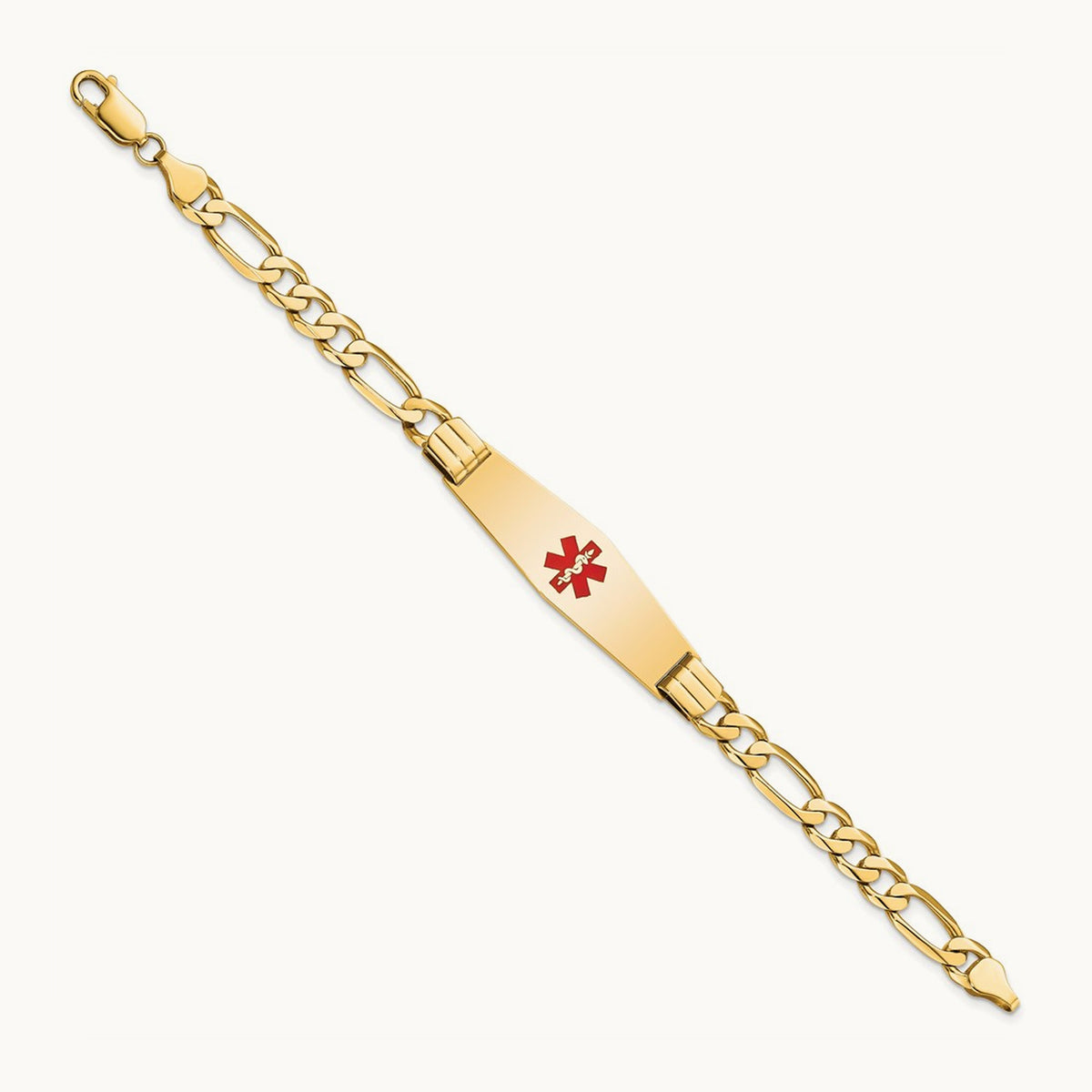 Medical Soft Diamond Shape Red Enamel Flat Figaro Link ID Bracelet, 14K