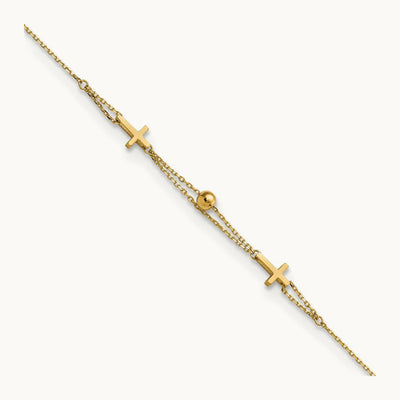 Polished Double Strand Cross 7.5in Bracelet, 14K