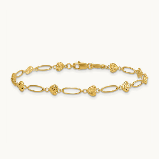 Polished Oval Link w D/C Puffed Hearts 7.5in Bracelet, 14K
