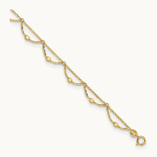 Polished and Diamond-cut Fancy 10in Plus 1.5in ext. Anklet, 14K