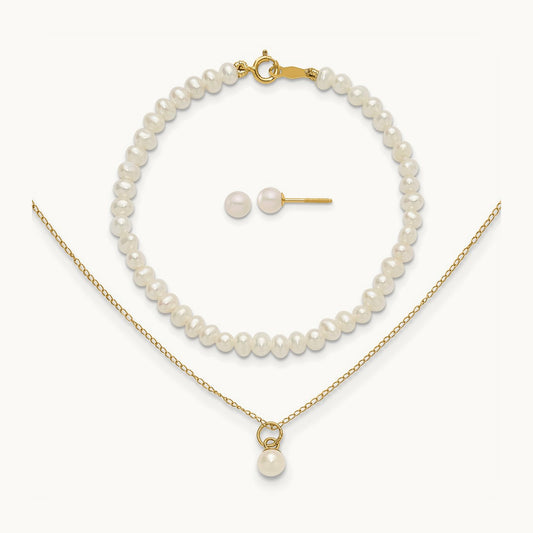 Madi K White FWC Pearl 15 Necklace, Earrings & 5.5 Bracelet 3pc Set, 14K