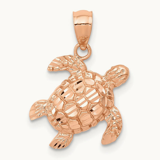 Diamond Cut Turtle Pendant, 14K Rose Gold