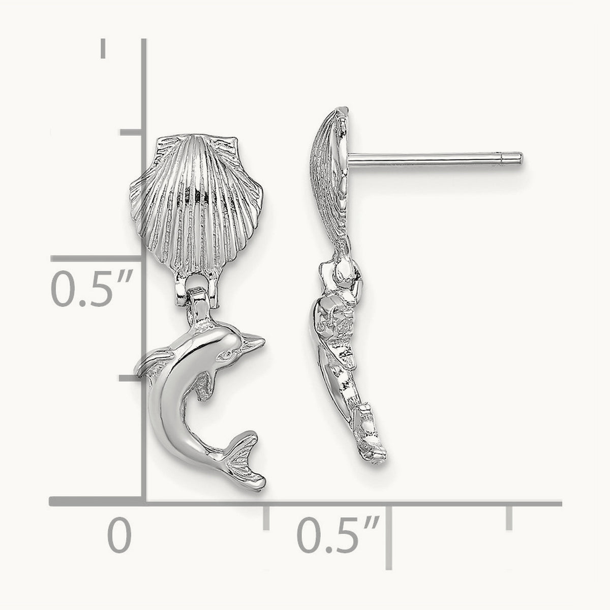 Dolphin Dangle From Mini Scallop Earrings, 14K White Gold