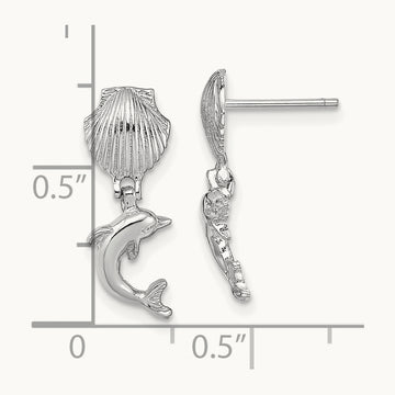 Dolphin Dangle From Mini Scallop Earrings, 14K White Gold