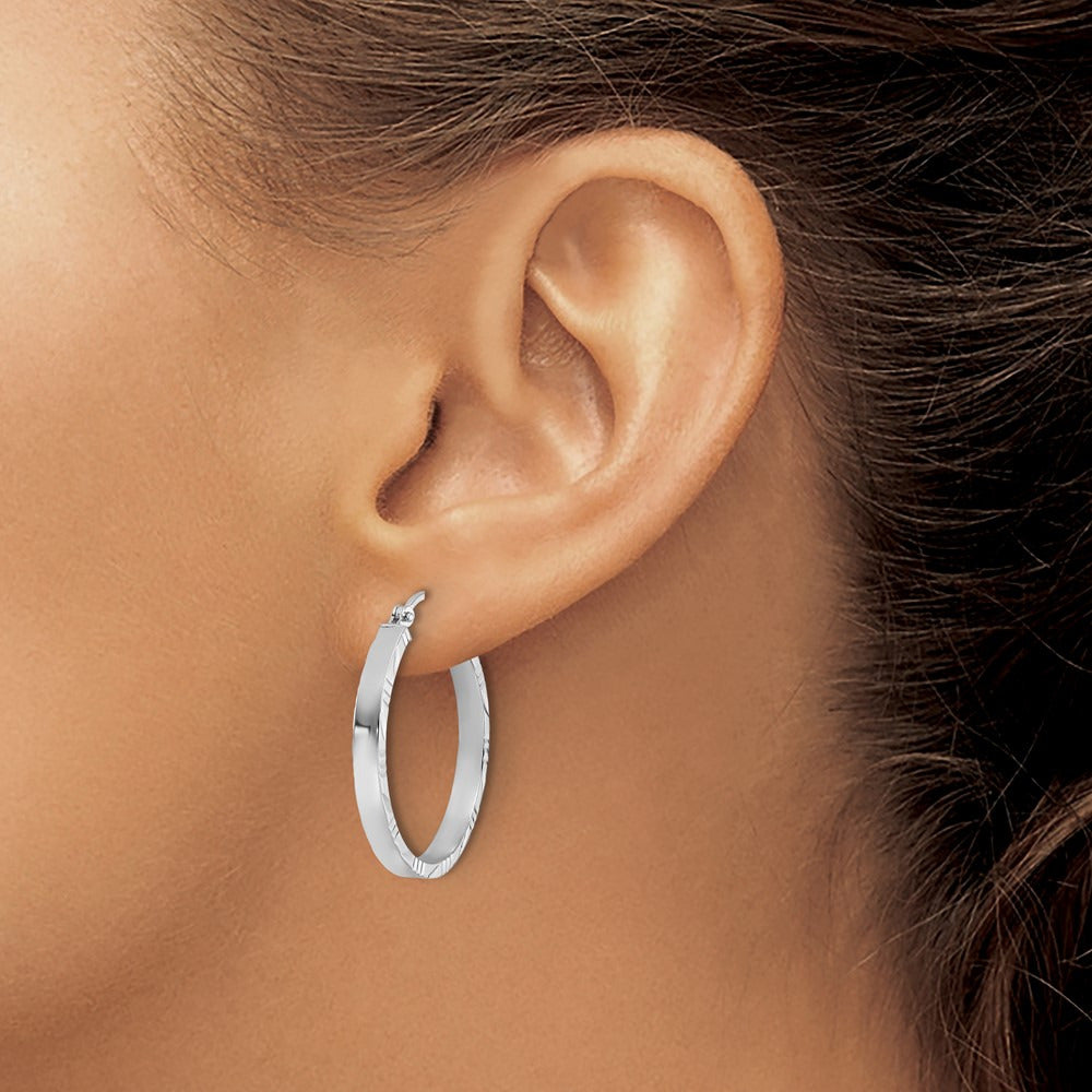 Diamond-cut Edge Medium Polished Hoop Earrings — 10K White Gold