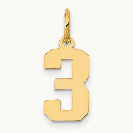 Small Polished Number 3 Charm — 14K Yellow Gold