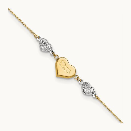 Diamond-cut Puffed Hearts MOM 9in Plus 1in ext Anklet, 14K Two-tone