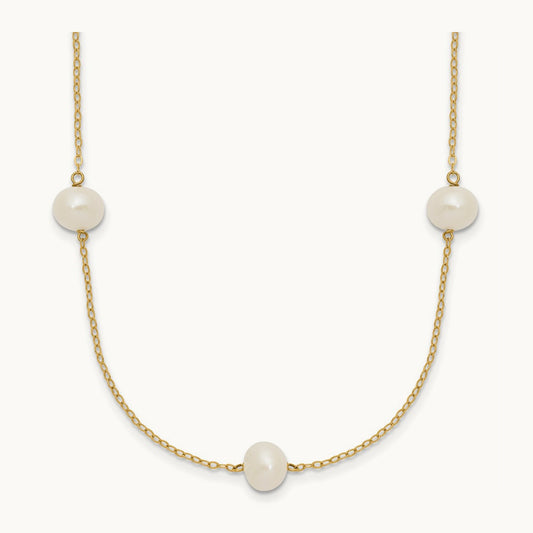 7- White Near Round Freshwater Cultured Pearl 7-Station Necklace, 14K