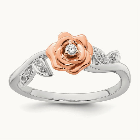 Complete Diamond Rose With Leaves Promise Ring, 14K Two-tone