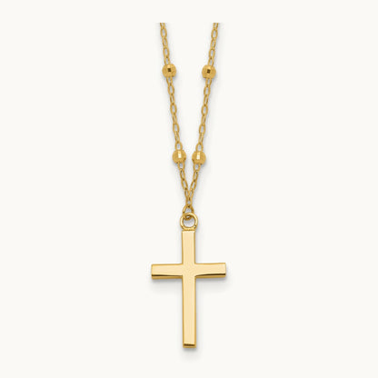 Polished and Diamond-cut Cross w/ 2in ext. Necklace, 14K
