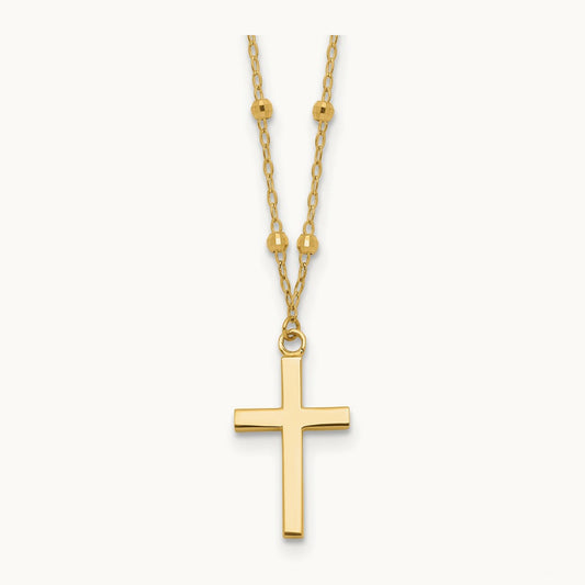 Polished and Diamond-cut Cross w/ 2in ext. Necklace, 14K
