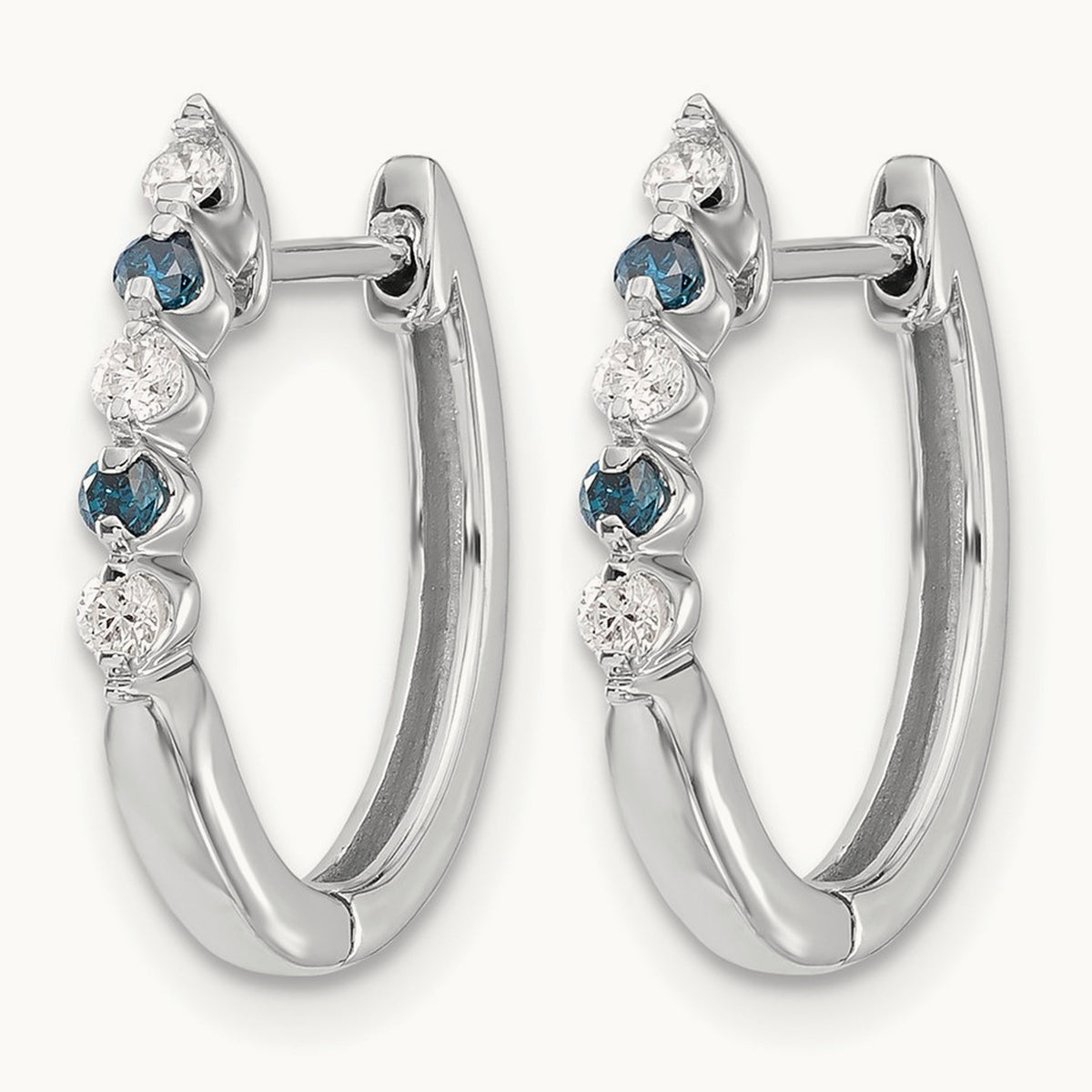 Blue/White Diamond Hinged Hoop Earrings, 14K White Gold