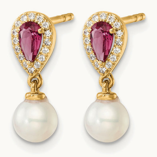 Polished Diamond Pearl and Ruby Dangle Post Earrings, 14K
