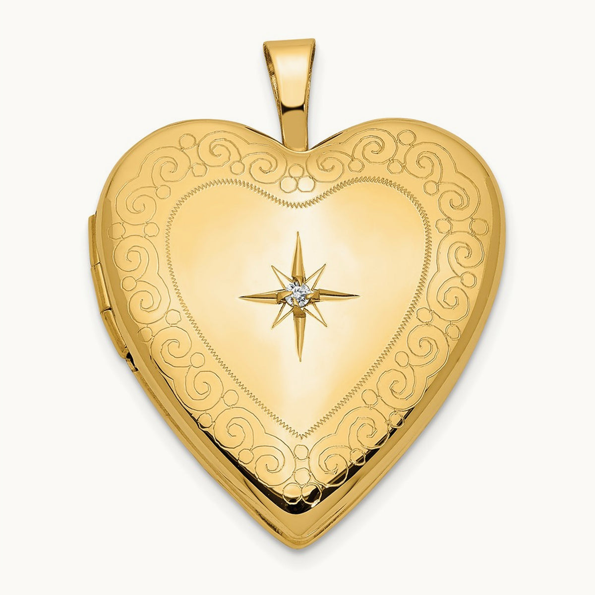 Diamond Side Swirl Edge Heart Locket, 20mm, 14K