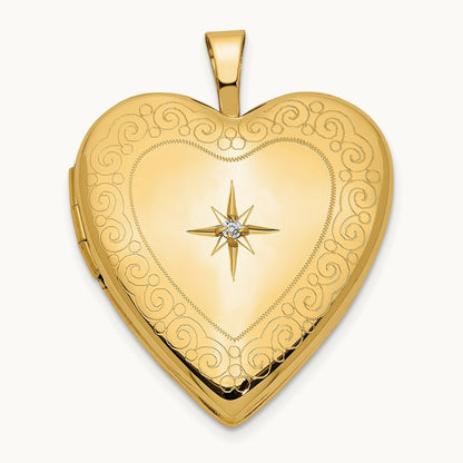 Diamond Side Swirl Edge Heart Locket, 20mm, 14K