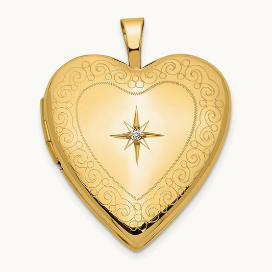 Diamond Side Swirl Edge Heart Locket, 20mm, 14K