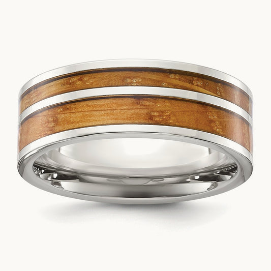 Polished with Wood Inlay Band, 8mm, Stainless Steel