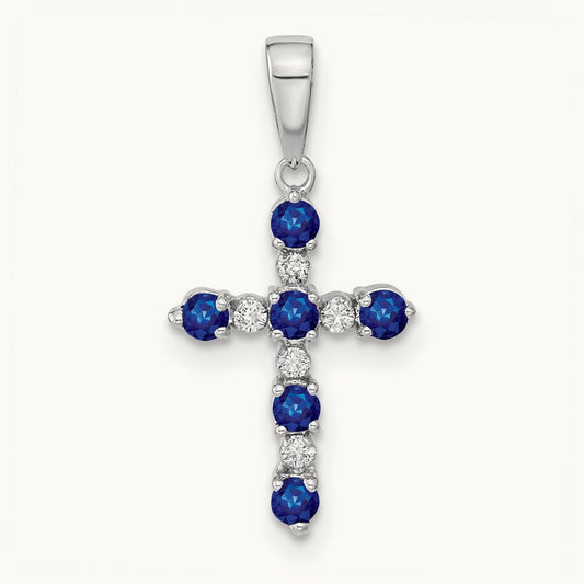 Lab Created Sapphire and Diamond Cross Pendant, 14K White Gold