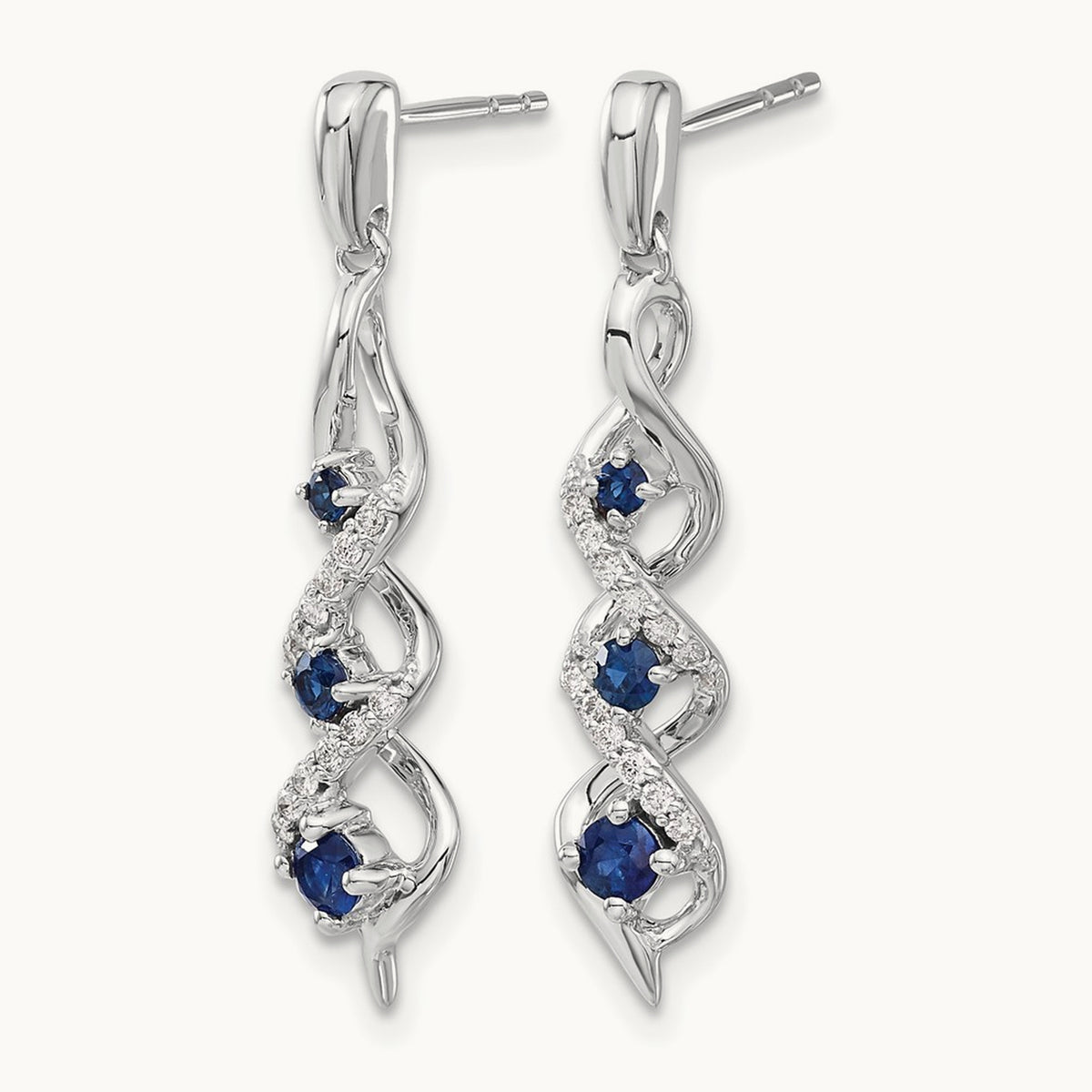 Diamond and Blue Sapphire Post Dangle Earrings, 14K White Gold