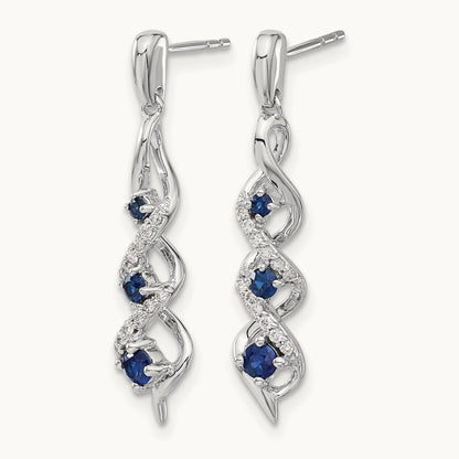 Diamond and Blue Sapphire Post Dangle Earrings, 14K White Gold