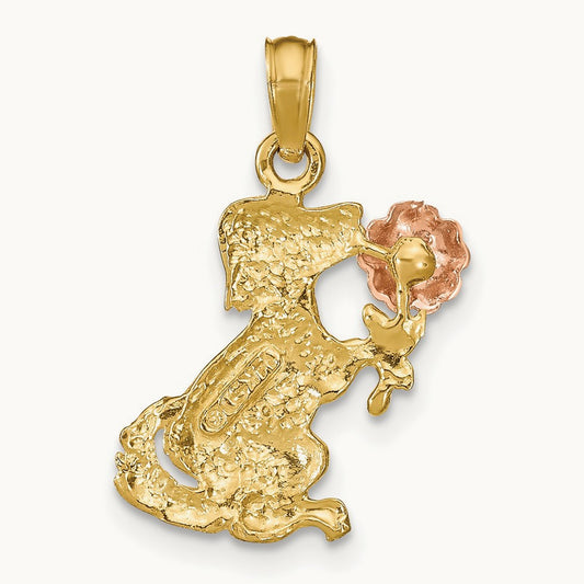Dog Holding Flower Charm, 14K Two-tone
