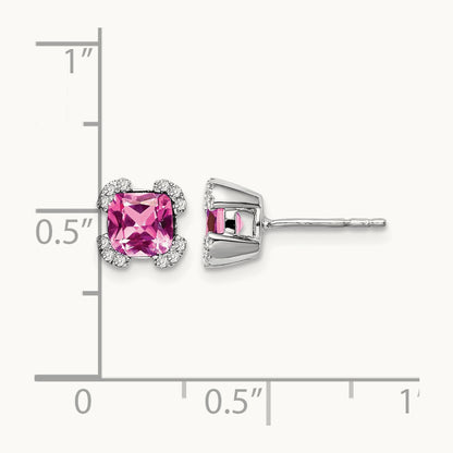 Cushion Created Pink Sapphire and Diamond Earrings, 14K White Gold
