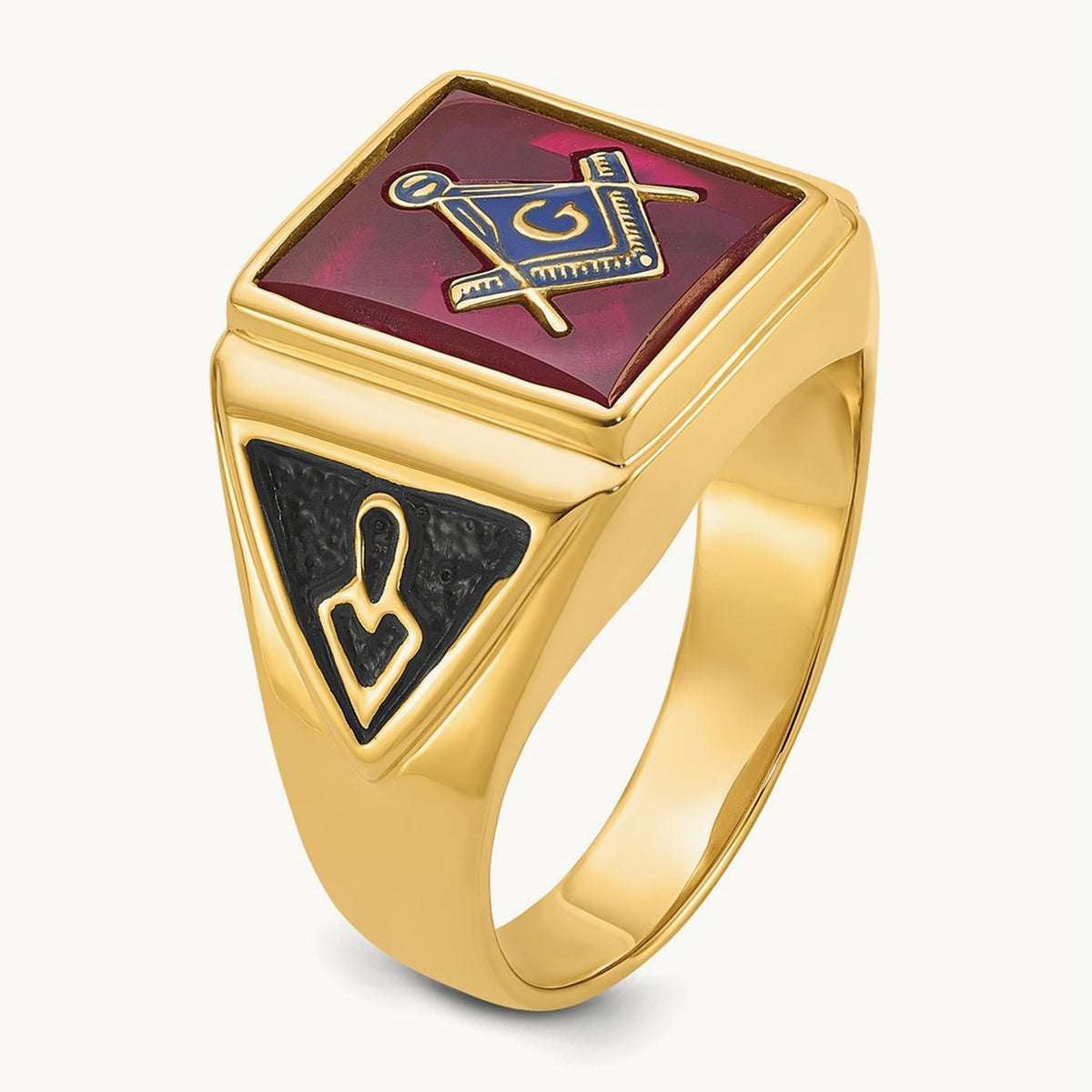 Men's Textured w/ Black Enamel & Lab Cr. Ruby Masonic Ring, 14K