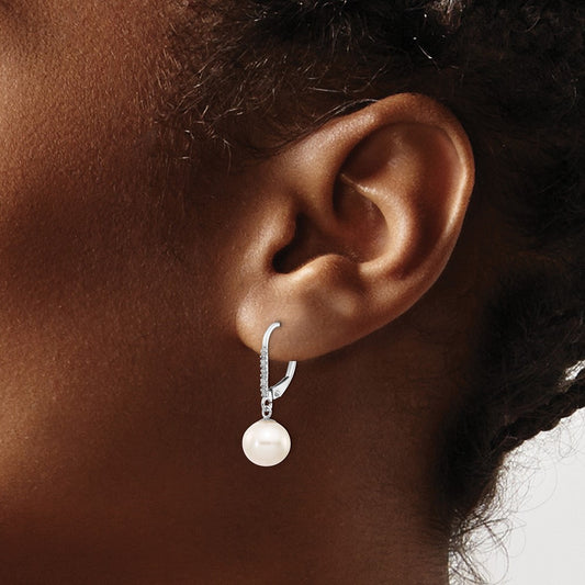 Round Freshwater Cultured Pearl Diamond Leverback Earrings — 14K White Gold