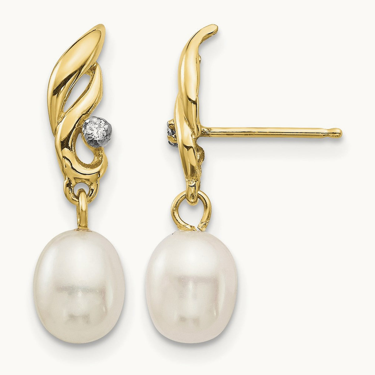 5- White Rice FW Cultured Pearl .02ct Diamond Dangle Earrings, 6mm, 14K