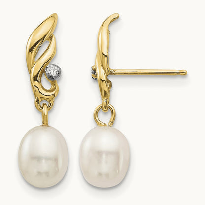 5- White Rice FW Cultured Pearl .02ct Diamond Dangle Earrings, 6mm, 14K