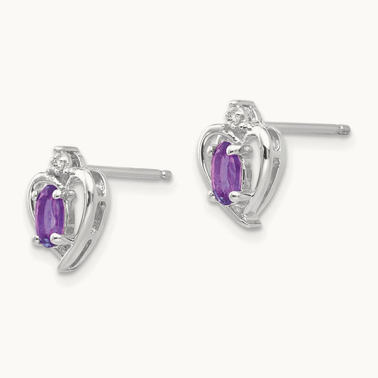 Amethyst and Diamond Heart Post Earrings, 14K White Gold
