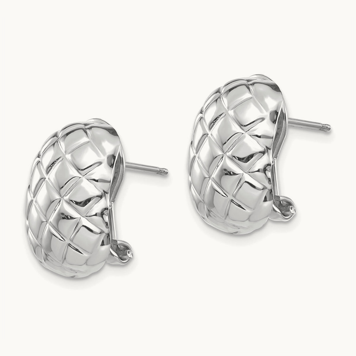 Polished Quilted Omega Back Post Earrings — 14K White Gold
