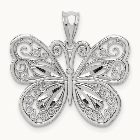 Polished & Diamond-cut Butterfly Pendant, 14K White