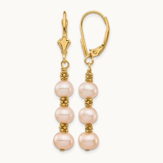 5- Pink Semi-round Freshwater Culutured Pearl Leverback Earrings, 6mm, 14K