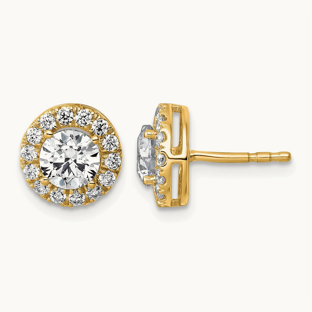 Round Halo Post Earrings, 0.50-7.50 ct tw Lab-Grown Diamond — 1 7/8 ct, 14K Yellow Gold