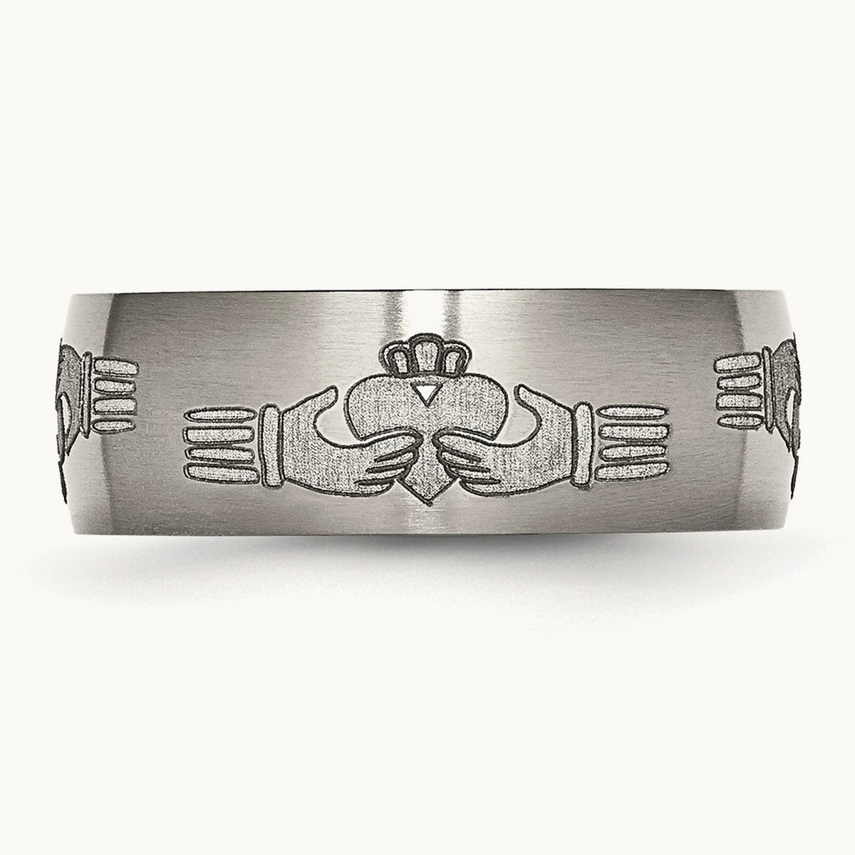 Brushed Claddagh Laser Design Band — photo set