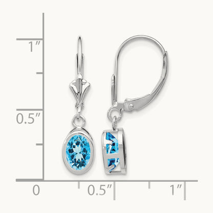 Oval Blue Topaz Leverback Earrings — 14K White Gold, 26mm, 7x5mm