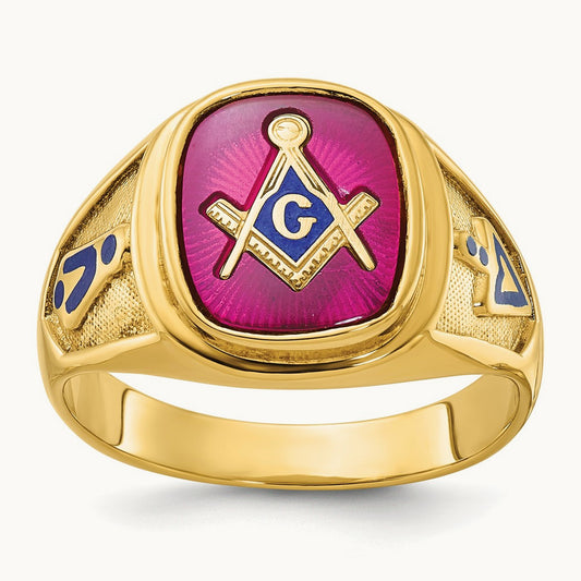 IBGoodman Men's Enamel & Lab Cr. Ruby Blue Lodge Masonic Ring, 14K