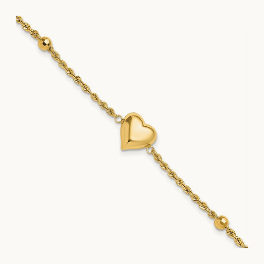 Polished and D/C Beaded Puff Heart 7.75in Bracelet, 14K