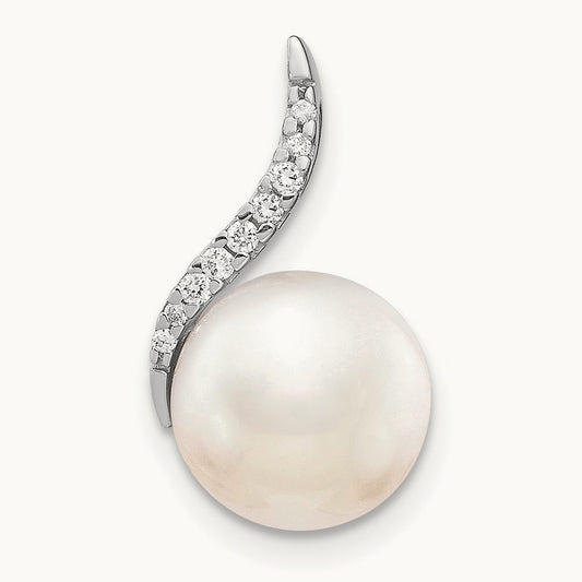 9- White Button FWC Pearl and Diamond Pendant, 10mm, 14K White Gold