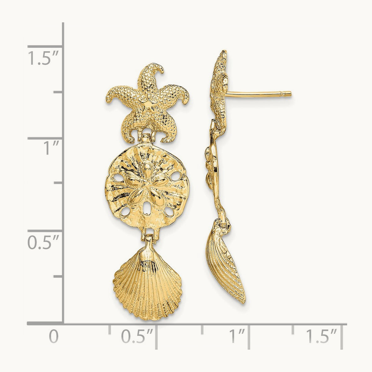 D/C Starfish, Shell ,Sand Dollar Dangle Earrings, 14K
