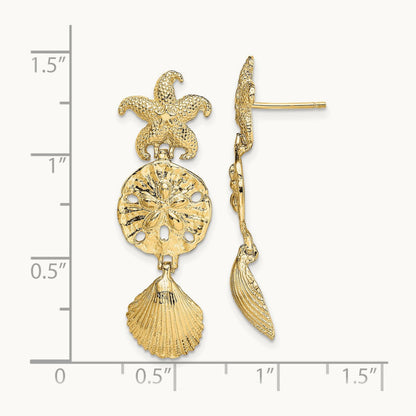 D/C Starfish, Shell ,Sand Dollar Dangle Earrings, 14K