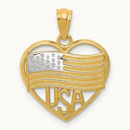 w/Rhodium Polished American Flag USA in Heart Pendant, 14K